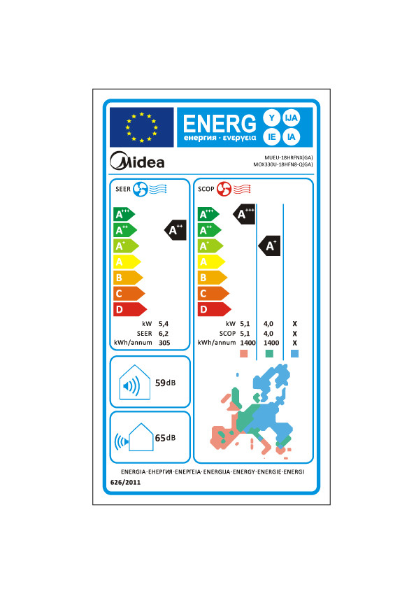 Ceiling-floor type air conditioner Midea MUEU 18 000 BTU monophasic label